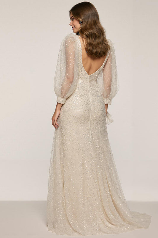 Sparkly Ivory Sequin V-Neck Long Sleeves Mermaid Long Formal Dress with Slit