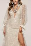 Sparkly Ivory Sequin V-Neck Long Sleeves Mermaid Long Formal Dress with Slit