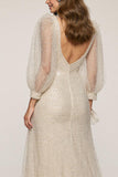 Sparkly Ivory Sequin V-Neck Long Sleeves Mermaid Long Formal Dress with Slit