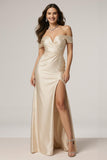 Champagne Mermaid Off the Shoulder Satin Ruched Long Formal Dress with Slit
