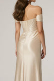 Champagne Mermaid Off the Shoulder Satin Ruched Long Formal Dress with Slit