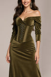 Green Off the Shoulder Velvet Corset Long Formal Dress with Sleeves