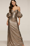 Sparkly Brown Cold Shoulder Sequin Mermaid Long Formal Dress with Sleeves