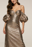 Sparkly Brown Cold Shoulder Sequin Mermaid Long Formal Dress with Sleeves