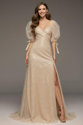 Sparkly Champagne Sequin Puff Sleeves Mermaid Long Formal Dress with Slit