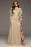 Sparkly Champagne Sequin Puff Sleeves Mermaid Long Formal Dress with Slit