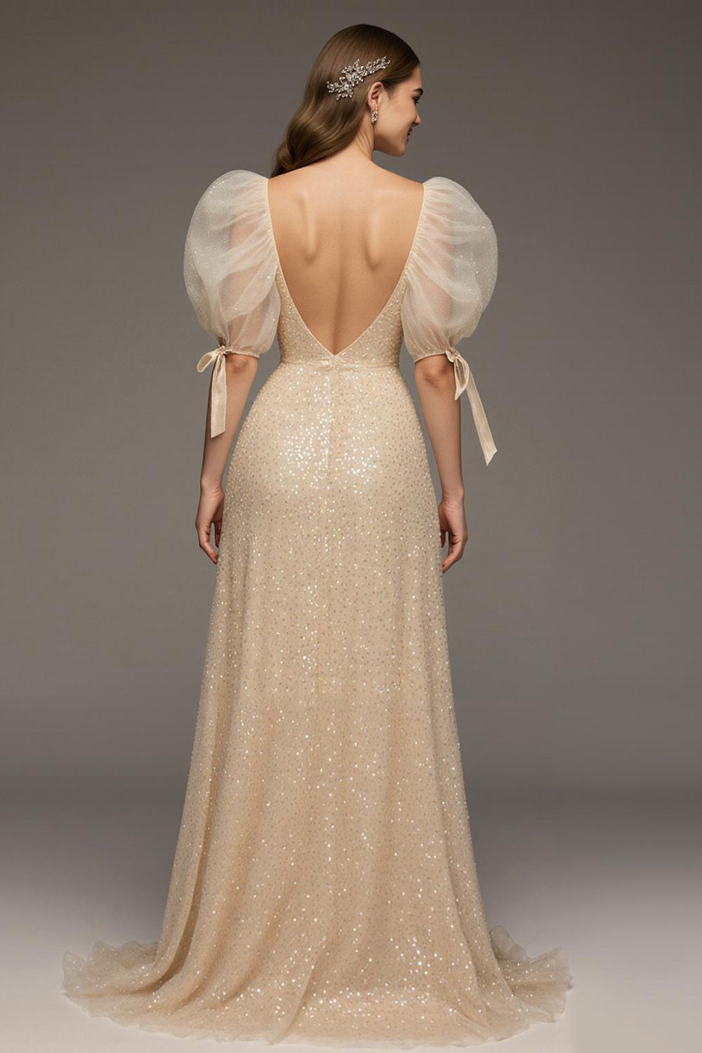 Sparkly Champagne Sequin Puff Sleeves Mermaid Long Formal Dress with Slit