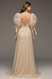 Sparkly Champagne Sequin Puff Sleeves Mermaid Long Formal Dress with Slit