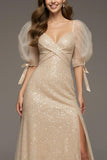 Sparkly Champagne Sequin Puff Sleeves Mermaid Long Formal Dress with Slit