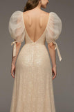 Sparkly Champagne Sequin Puff Sleeves Mermaid Long Formal Dress with Slit