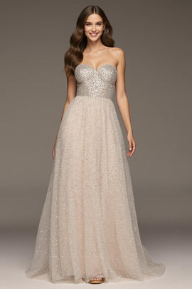 Sparkly Ivory Sweetheart Sequin A-Line Long Formal Dress