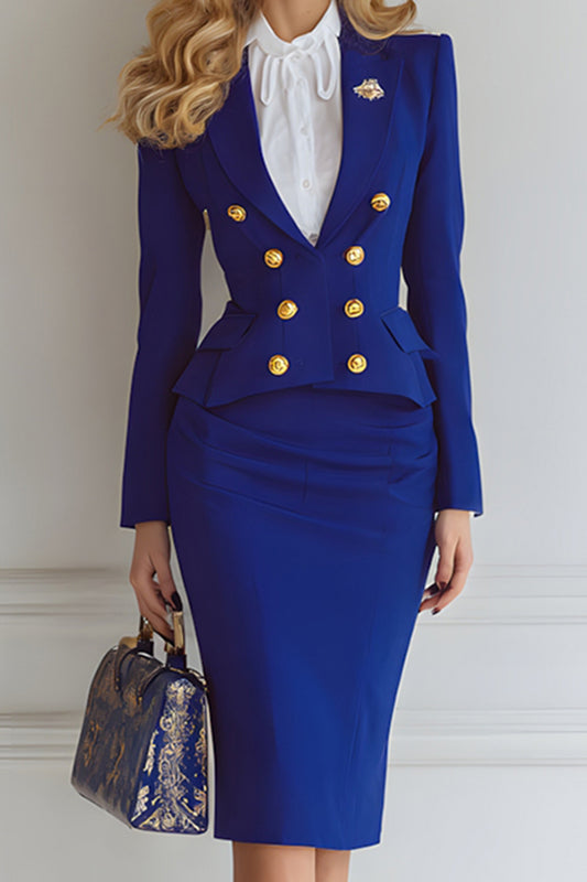 Royal Blue 2 Piece Double Breasted Midi Pencil Business Suits