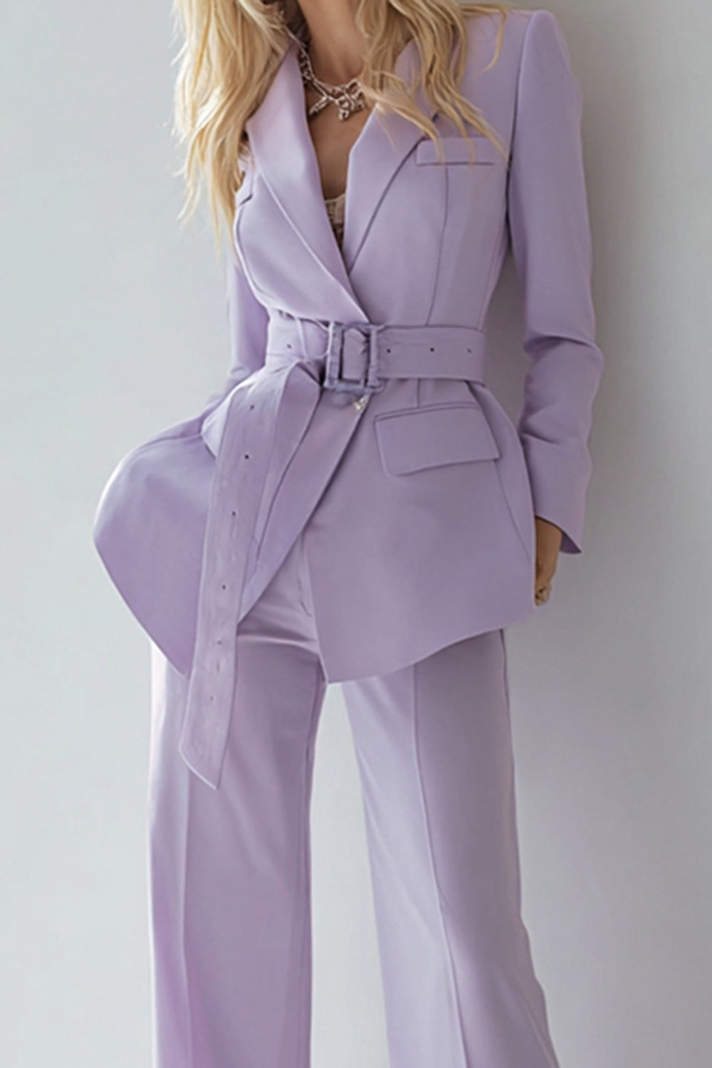 Lilac 2 Piece Long Sleeves Prom Suits with Belt