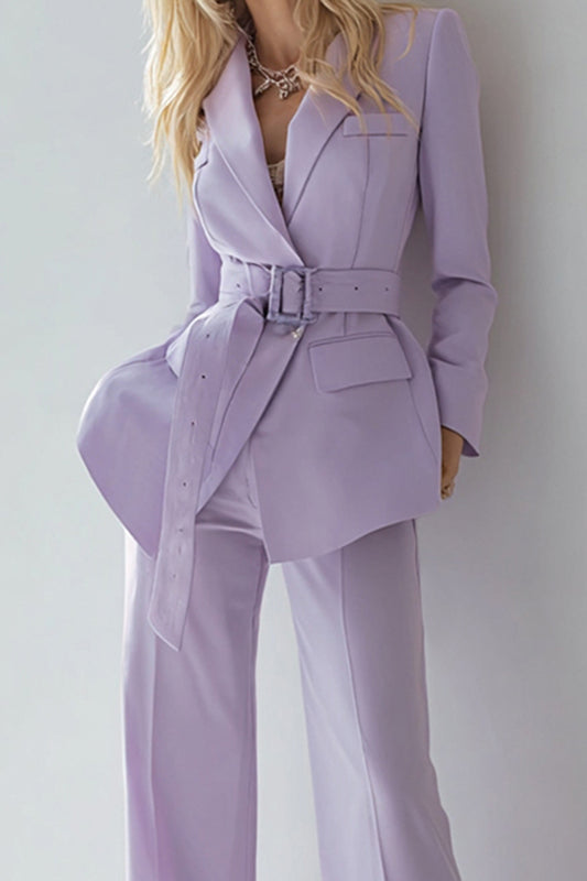Lilac 2 Piece Long Sleeves Prom Suits with Belt