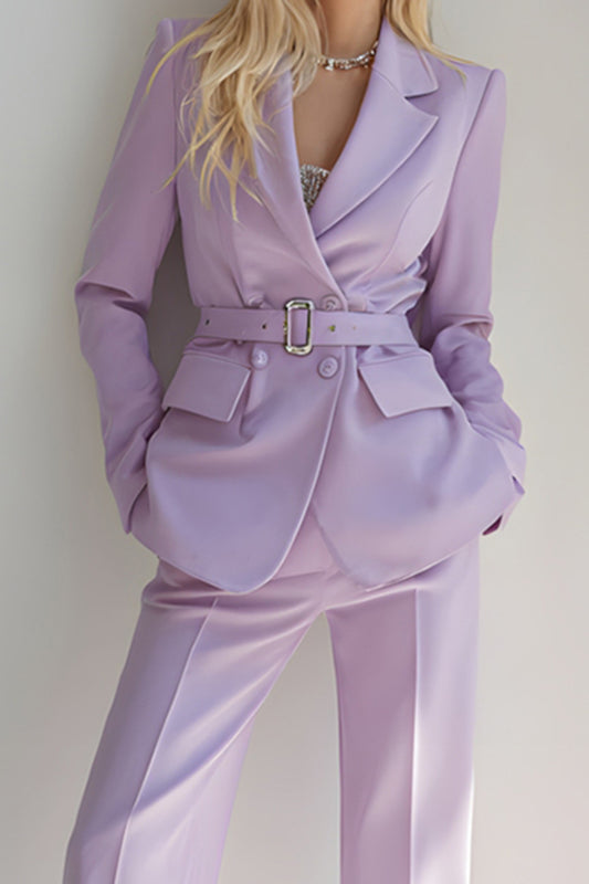 Lilac Notched Lapel Long Sleeves 2 Piece Prom Suits with Belt