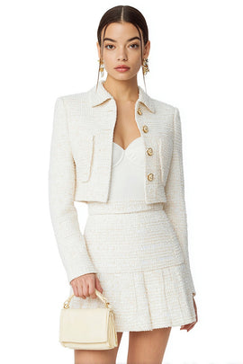 White Single Breasted A Line 2 Piece Short Tweed Interview Outfits