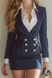 Navy Double Breasted 2 Piece Pencil Short Business Suits