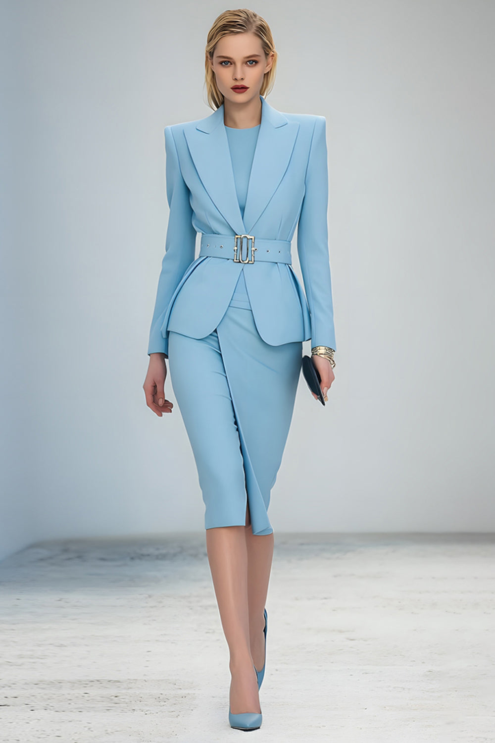 Blue 2 Piece Peak Lapel Pencil Midi Business Suits with Belt