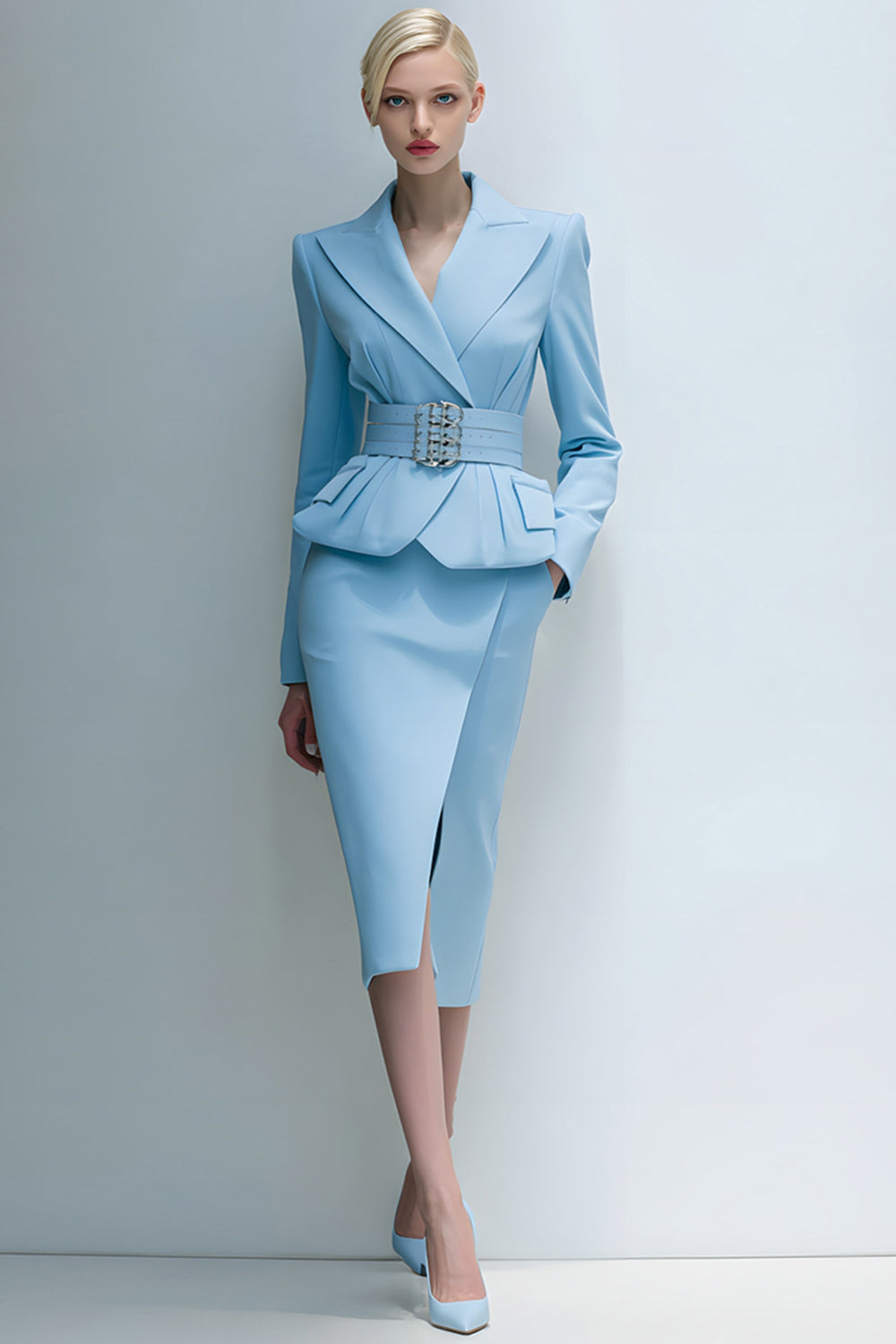 Blue Peak Lapel 2 Piece Midi Pencil Business Suits with Pockets