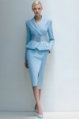 Blue Peak Lapel 2 Piece Midi Pencil Business Suits with Pockets