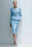 Blue Peak Lapel 2 Piece Midi Pencil Business Suits with Pockets