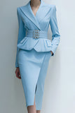 Blue Peak Lapel 2 Piece Midi Pencil Business Suits with Pockets