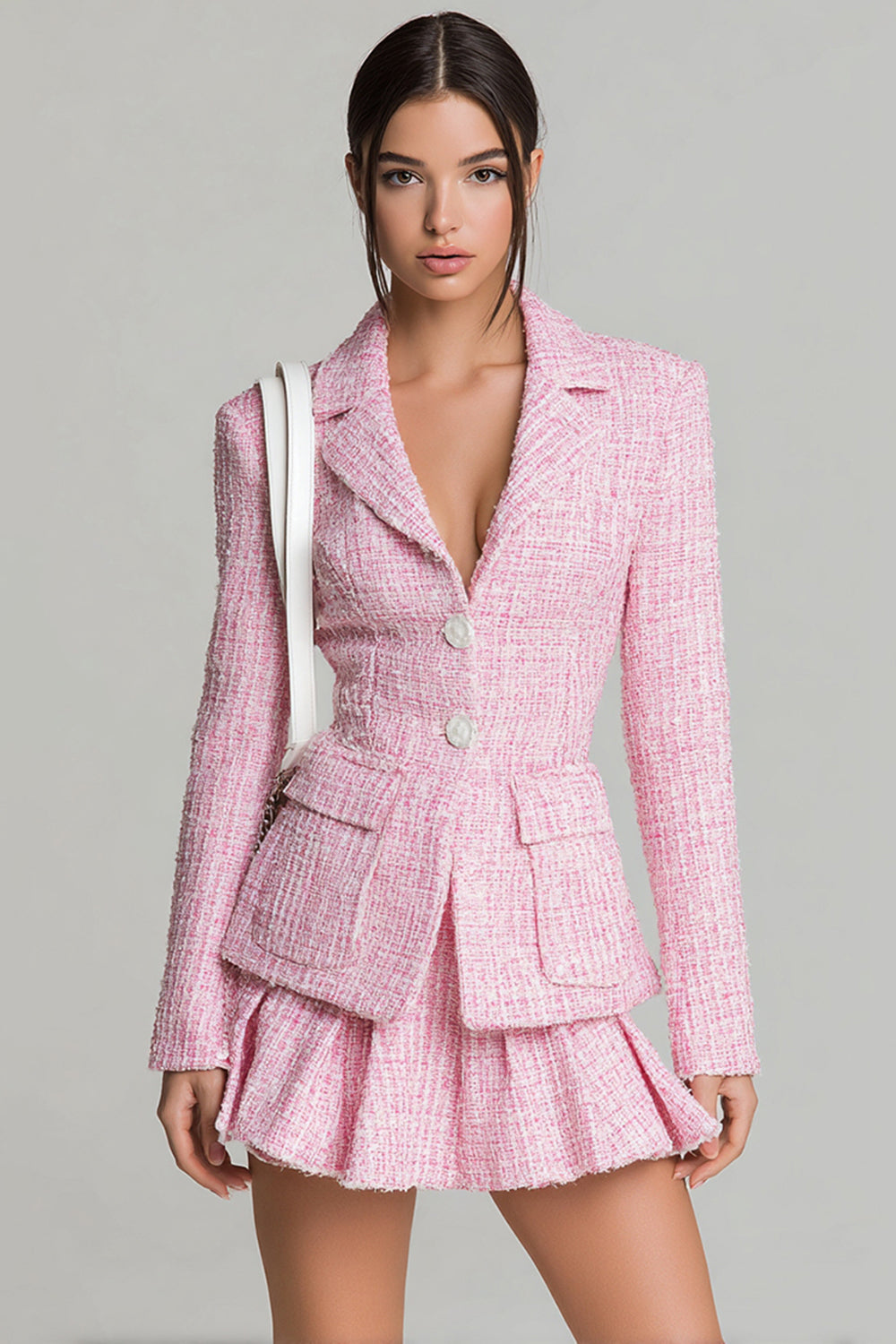 Pink 2 Piece Tweed Single Breasted A Line Short Pageant Interview Outfits with Pockets