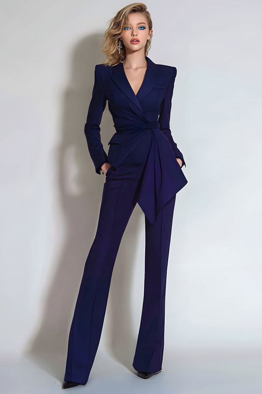 Dark Purple 2 Piece Ruched Slim Fit Long Sleeves Prom Suits with Sash