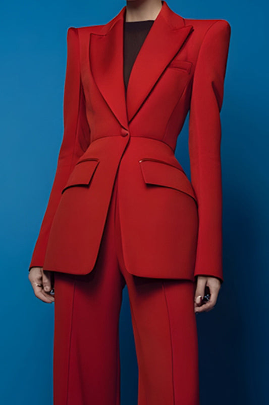 2 Piece Red Peak Lapel One Button Long Sleeves Prom Suits