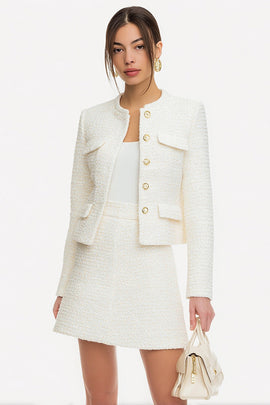 2 Piece White Single Breasted A Line Tweed Short Pageant Interview Outfits