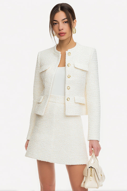 2 Piece White Single Breasted A Line Tweed Short Pageant Interview Outfits