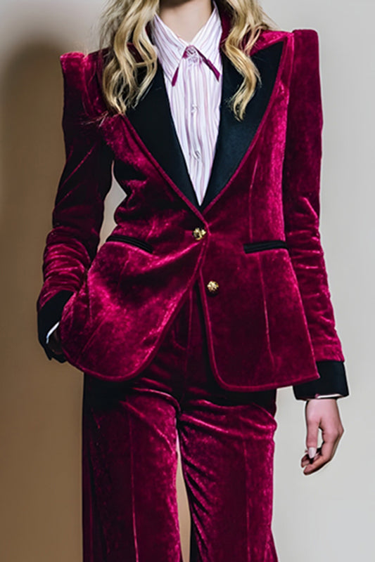 Burgundy 2 Piece Velvet Peak Lapel Long Sleeves Prom Suits
