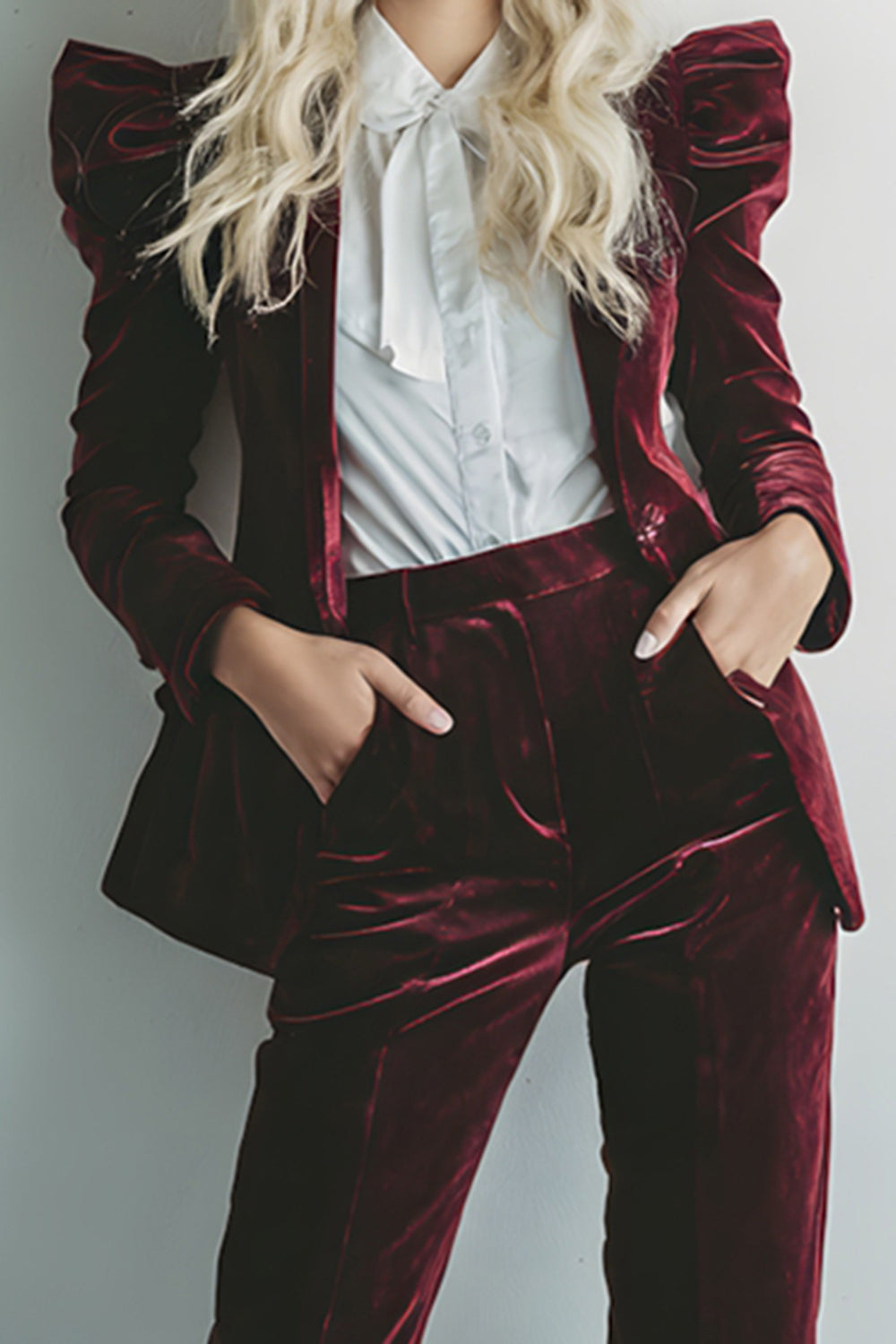 Burgundy 2 Piece Velvet Long Sleeves Prom Suits