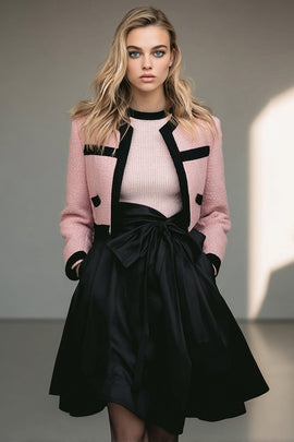 Black Pink 2 Piece A Line Tweed Short Pageant Interview Outfits with Bow