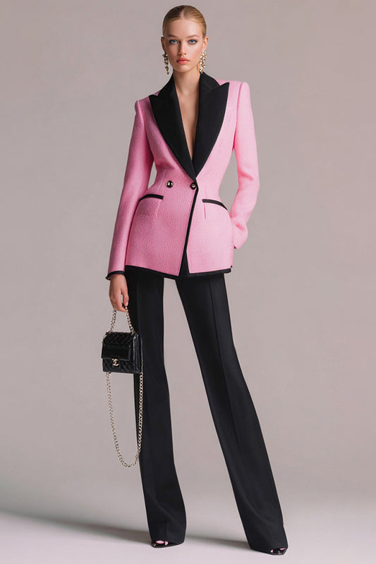 Black Pink 2 Piece Tweed Peak Lapel Long Sleeves Pageant Interview Outfits