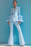 Blue 2 Piece Notched Lapel One Button Ruffled Long Sleeves Prom Suits