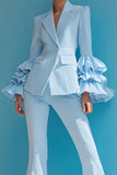 Blue 2 Piece Notched Lapel One Button Ruffled Long Sleeves Prom Suits