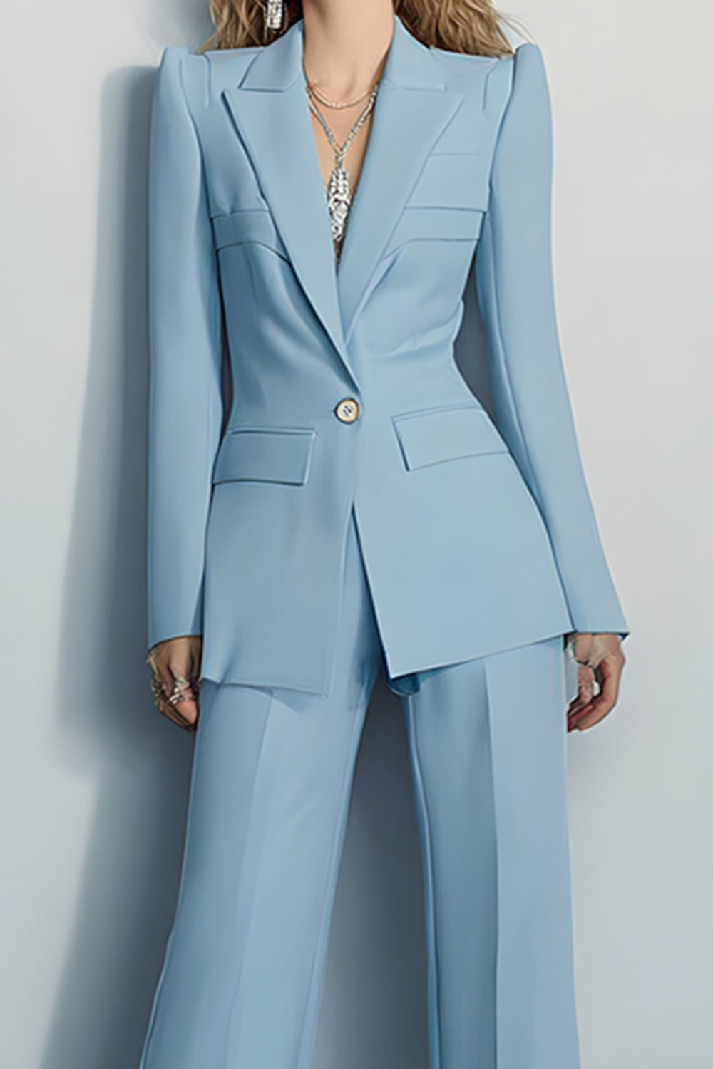 Grey Blue 2 Piece Peak Lapel Long Sleeves Prom Suits