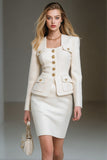 White Pencil Single Breasted 2 Piece Short Tweed Interview Outfits