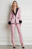 Black Pink Patchwork 2 Piece Peak Lapel Prom Suits with Feathers