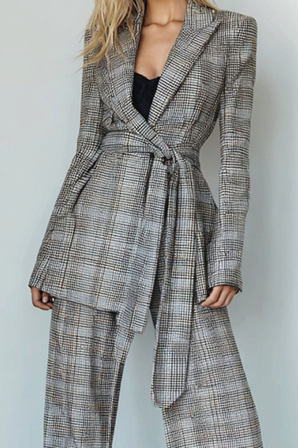 Grey Grid 2 Piece Peak Lapel Business Suits with Sash