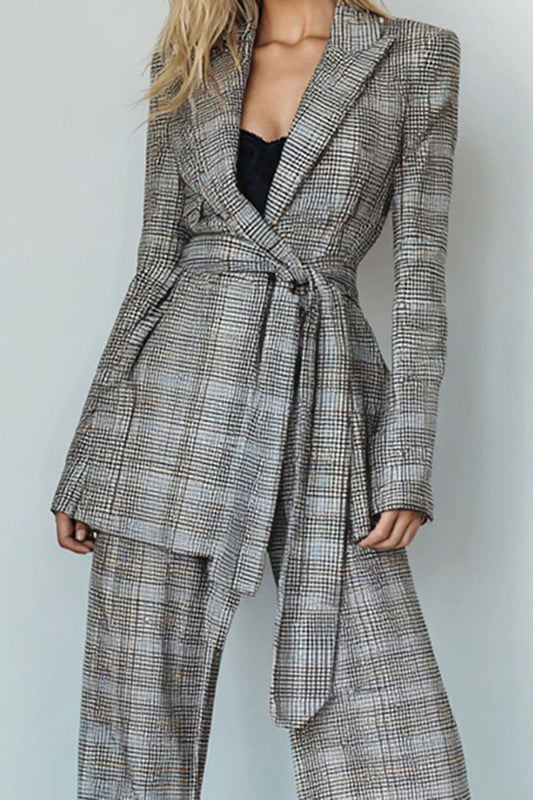 Grey Grid 2 Piece Peak Lapel Business Suits with Sash