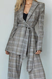 Grey Grid 2 Piece Peak Lapel Business Suits with Sash