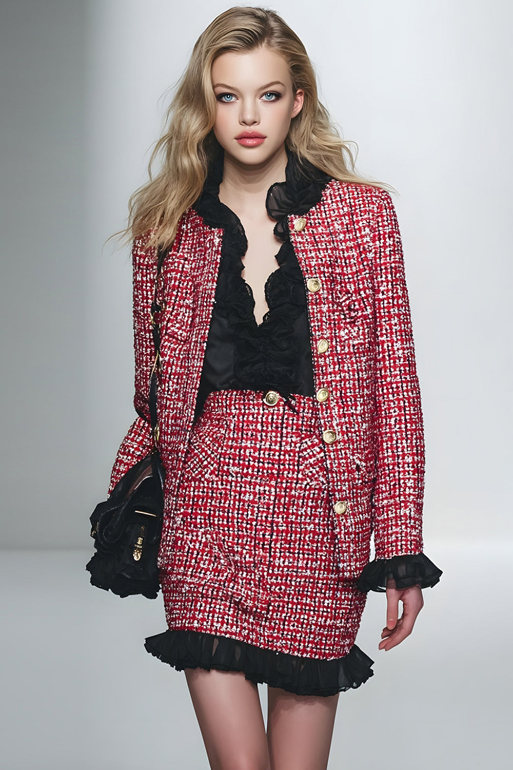Red Black Grid 2 Piece Pencil Short Tweed Interview Outfits with Ruffles