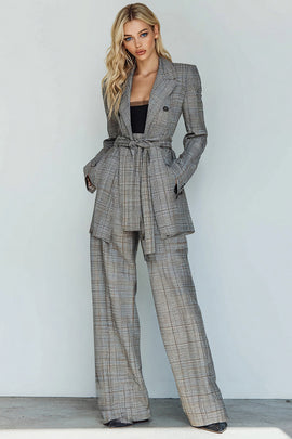 Grey Grid 2 Piece Notched Lapel Business Suits with Pockets