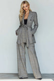 Grey Grid 2 Piece Notched Lapel Business Suits with Pockets