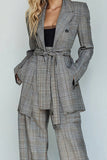 Grey Grid 2 Piece Notched Lapel Business Suits with Pockets