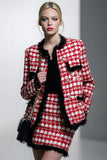 Red Grid Pencil 2 Piece Single Breasted Short Tweed Pageant Interview Outfits