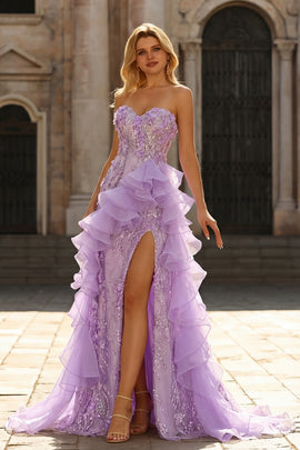 lilac ruffle prom dress Straps Light Purple Tulle Ruffle A-line Long Prom Dress Dressesforparty