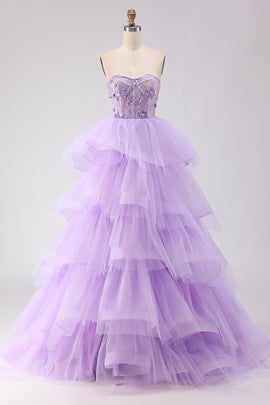 Sparkly Purple Tiered Beaded Floral Tulle Long Corset Prom Dress with Ruffles